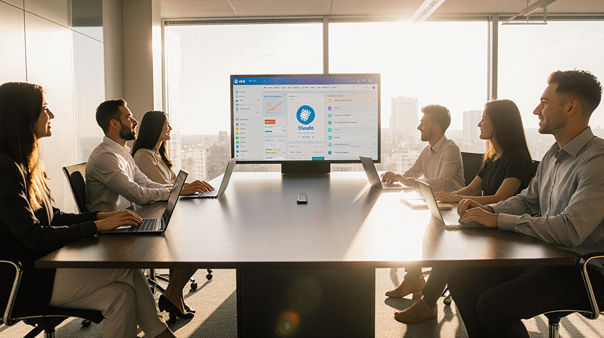 Employees collaborating around conference table with Claude app display and Slack integration in bright natural light