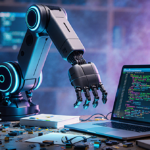 Futuristic robotic arm hovering above a cluttered desk with coding books and glowing blue accents and a distorted metal body