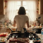 Exhausted mom cooking at messy stove with school lunches on table and natural light streaming through window