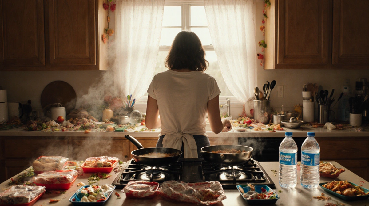 Exhausted mom cooking at messy stove with school lunches on table and natural light streaming through window