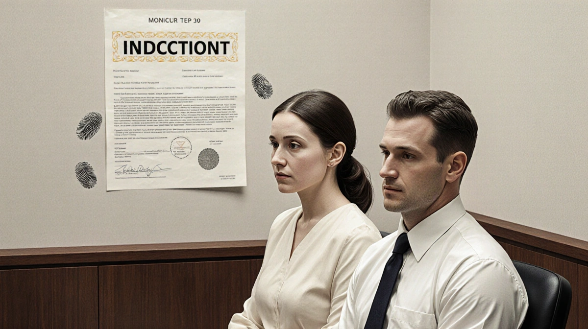 Monique Tepe facing prosecution with husband Spencer Tepe in dental attire and indictment documents on courtroom wall