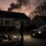 Paul Caneiro stands outside his Monmouth County home with smoke rising from chimney and police cruiser parked nearby