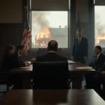 Paul Caneiro sitting at jury table with judge and jurors visible while flames glow through window