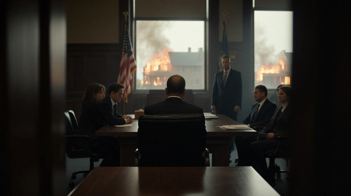 Paul Caneiro sitting at jury table with judge and jurors visible while flames glow through window