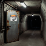 Metal door revealing darkness with flickering fluorescent lights and concrete tunnel walls