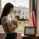 Mother holding newborn with American flags and subtle White House behind certificate showing $1,000 seed money