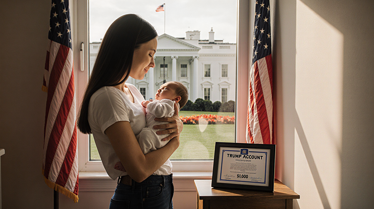 Mother holding newborn with American flags and subtle White House behind certificate showing $1,000 seed money