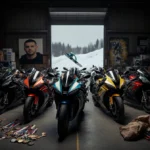 Motorcycles lined up with vibrant colors and sleek designs inside a warehouse and Olympic medals with a snowy landscape throu