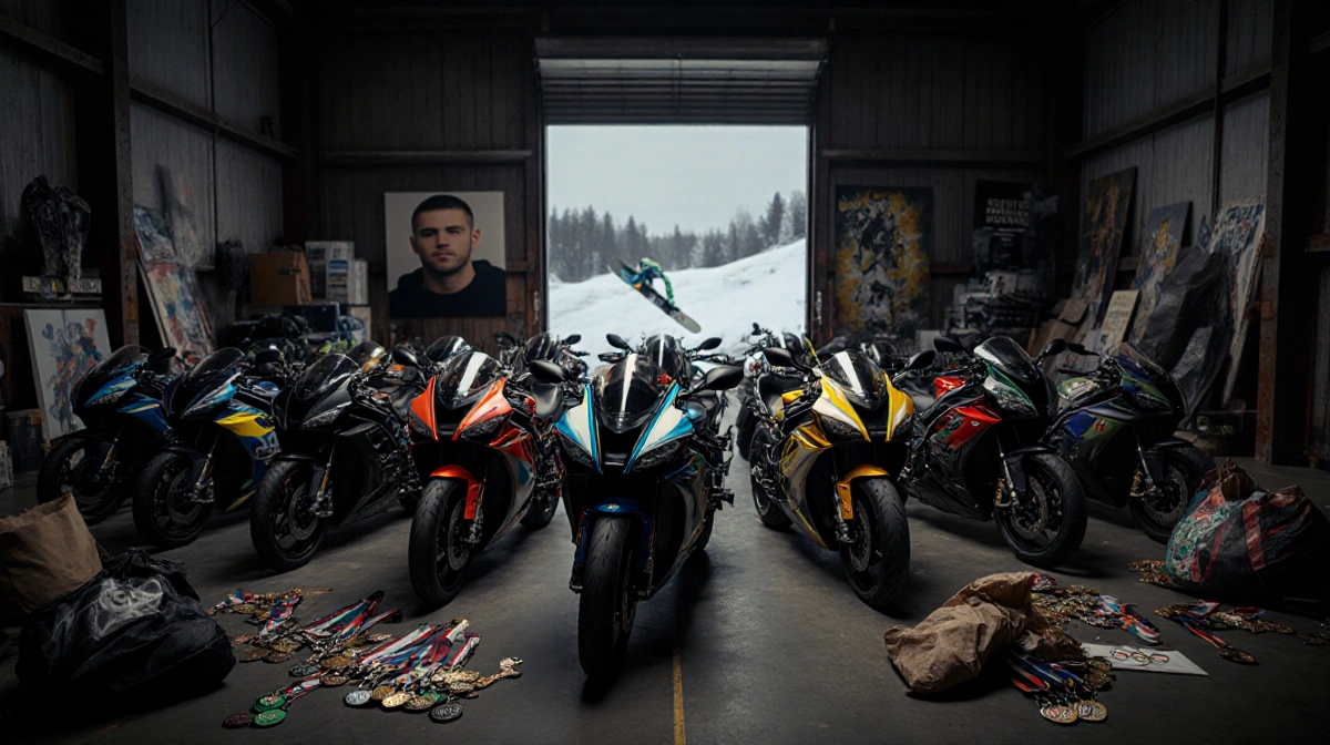 Motorcycles lined up with vibrant colors and sleek designs inside a warehouse and Olympic medals with a snowy landscape throu