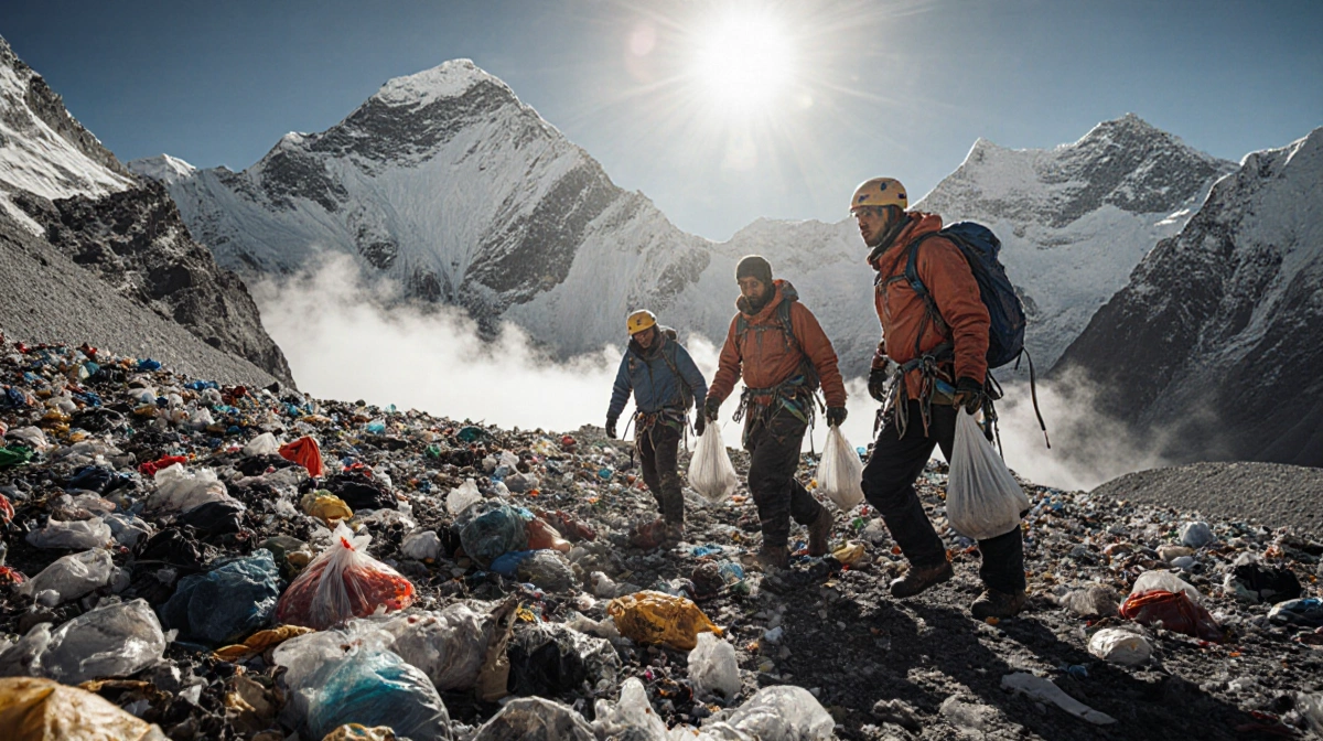 Climbers walking away from trash‑strewn South Col with worn gear and small bags against misty Everest peaks.
