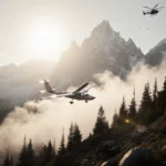 Small white plane flying above misty mountains with rescue helicopter hovering in distance and debris scattered on rocky slop