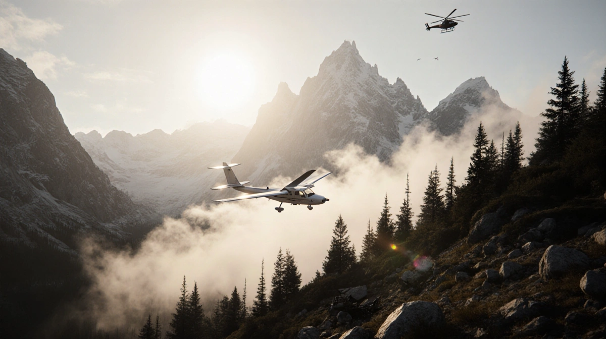 Small white plane flying above misty mountains with rescue helicopter hovering in distance and debris scattered on rocky slop
