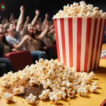 Colorful popcorn stand serves gourmet flavors with fluffy white popcorn bucket and excited moviegoers behind