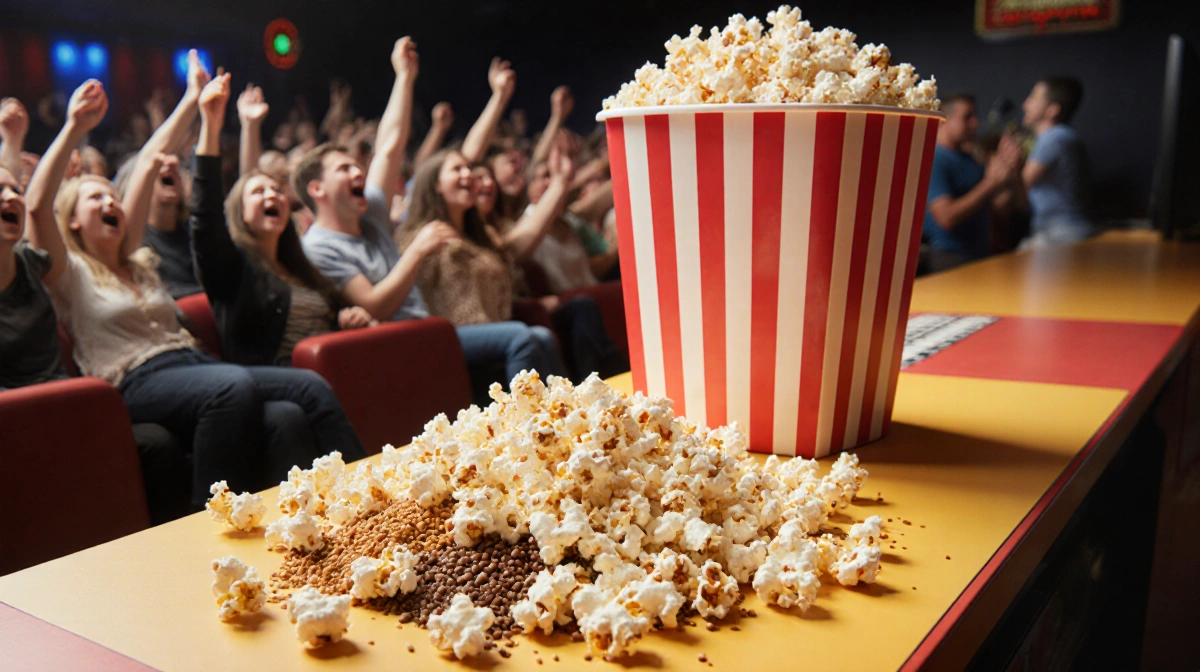 Colorful popcorn stand serves gourmet flavors with fluffy white popcorn bucket and excited moviegoers behind