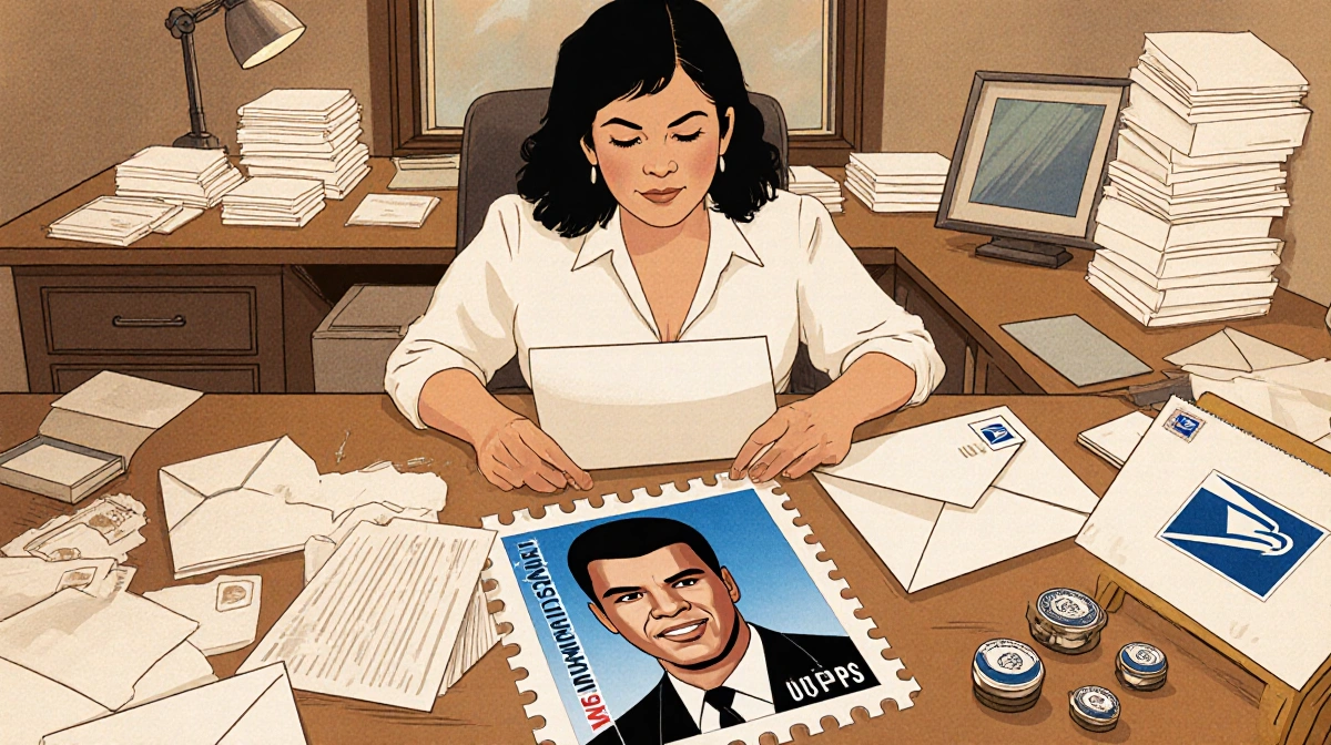 Lisa Bobb-Semple designing Muhammad Ali stamp at wooden desk with papers and envelopes nearby