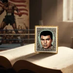 Vintage Muhammad Ali postage stamp glows on boxing history book with golden border and floral patterns catching sunlight