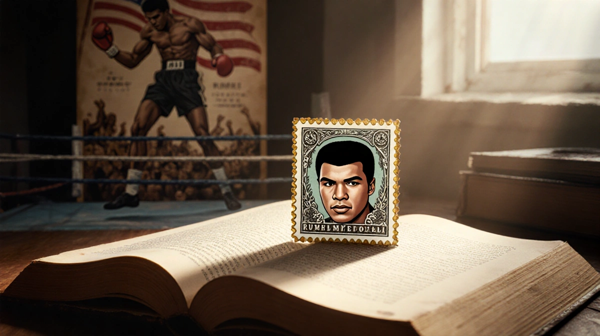 Vintage Muhammad Ali postage stamp glows on boxing history book with golden border and floral patterns catching sunlight
