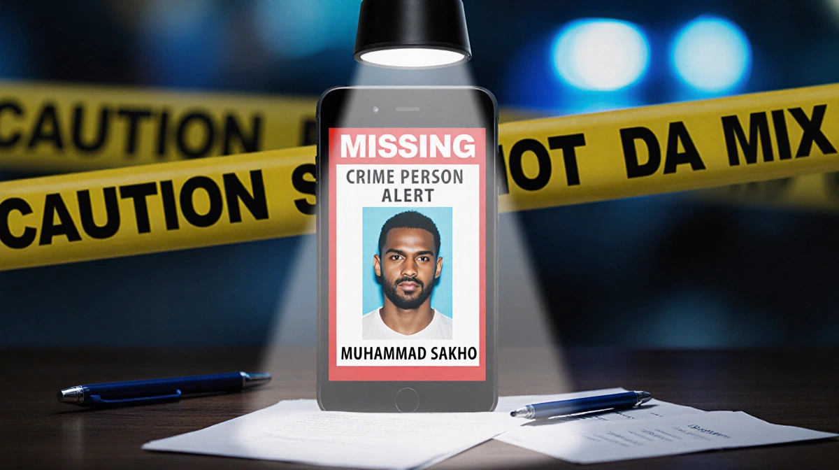 A cracked phone screen shows a missing person alert with Muhammad Sakho's photo and police tape visible behind
