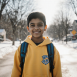 Muhammad Sakho smiles while standing with a yellow hoodie and a school backpack against a sunny street and winter backdrop