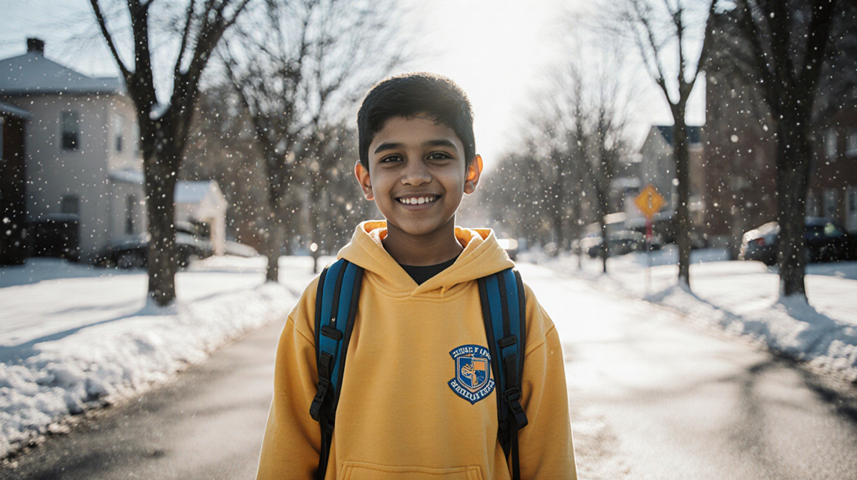 Muhammad Sakho smiles while standing with a yellow hoodie and a school backpack against a sunny street and winter backdrop