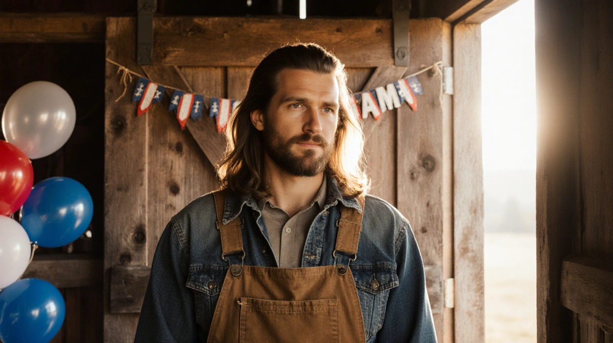 Proud contestant stands before barn door with mullet hairstyle and patriotic balloons showing champion spirit