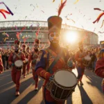 Colorful Mummers march toward stadium with painted faces and traditional instruments at sunset