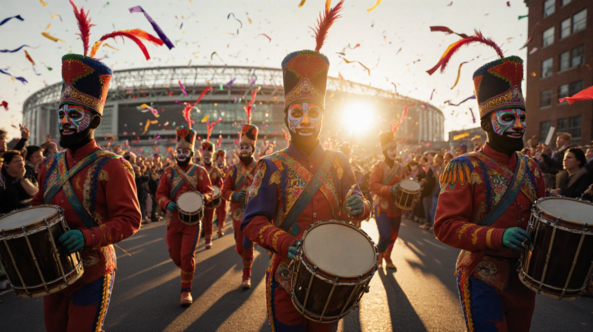 Colorful Mummers march toward stadium with painted faces and traditional instruments at sunset