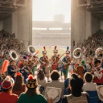 String band performs with colorful Mummers costumes and excited spectators at Linc stadium
