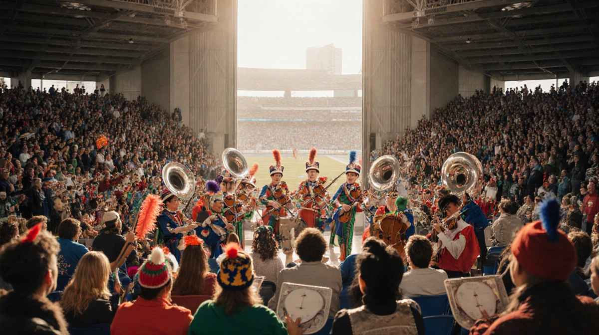 String band performs with colorful Mummers costumes and excited spectators at Linc stadium