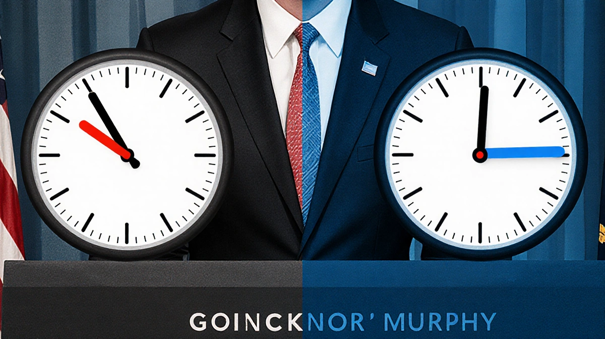 Split-screen view of Governor Murphy's desk with two clocks showing 8:30 a.m. and 10:00 a.m. with red and blue markers highli