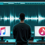 Artist looking skeptical with waveform screen in dimly lit blue‑green studio and streaming platform logos