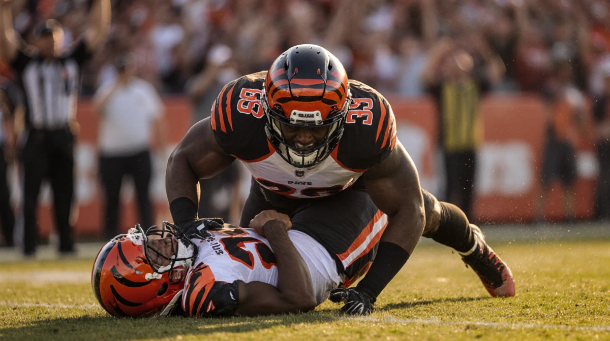 Myles Garrett wrapping Joe Burrow in a record‑breaking sack with golden hour glow on helmet and crowd cheering