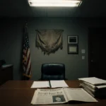 Detective examines open case files with newspaper clipping about Renee Good