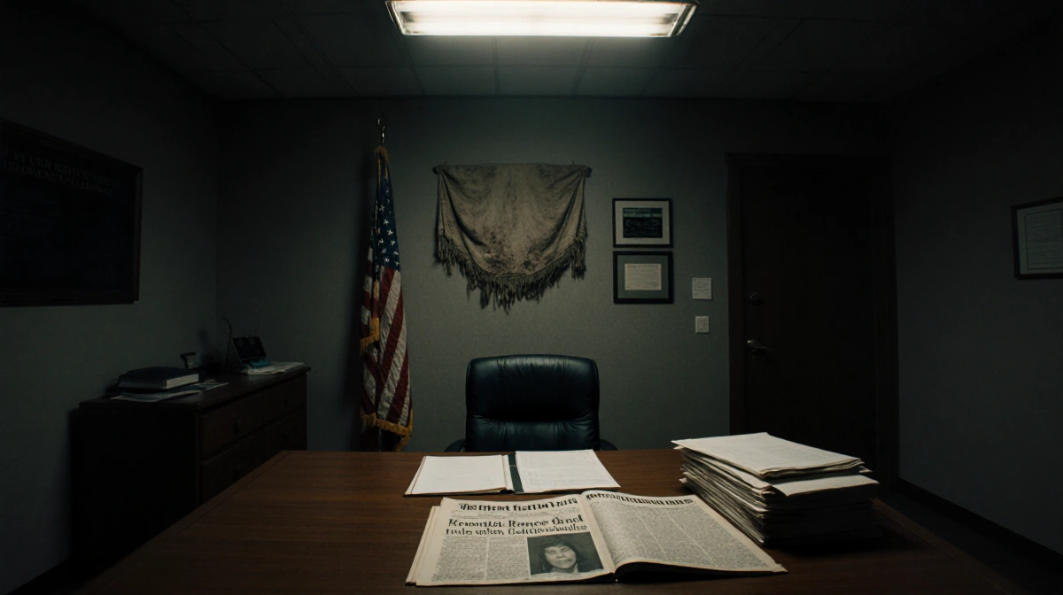 Detective examines open case files with newspaper clipping about Renee Good