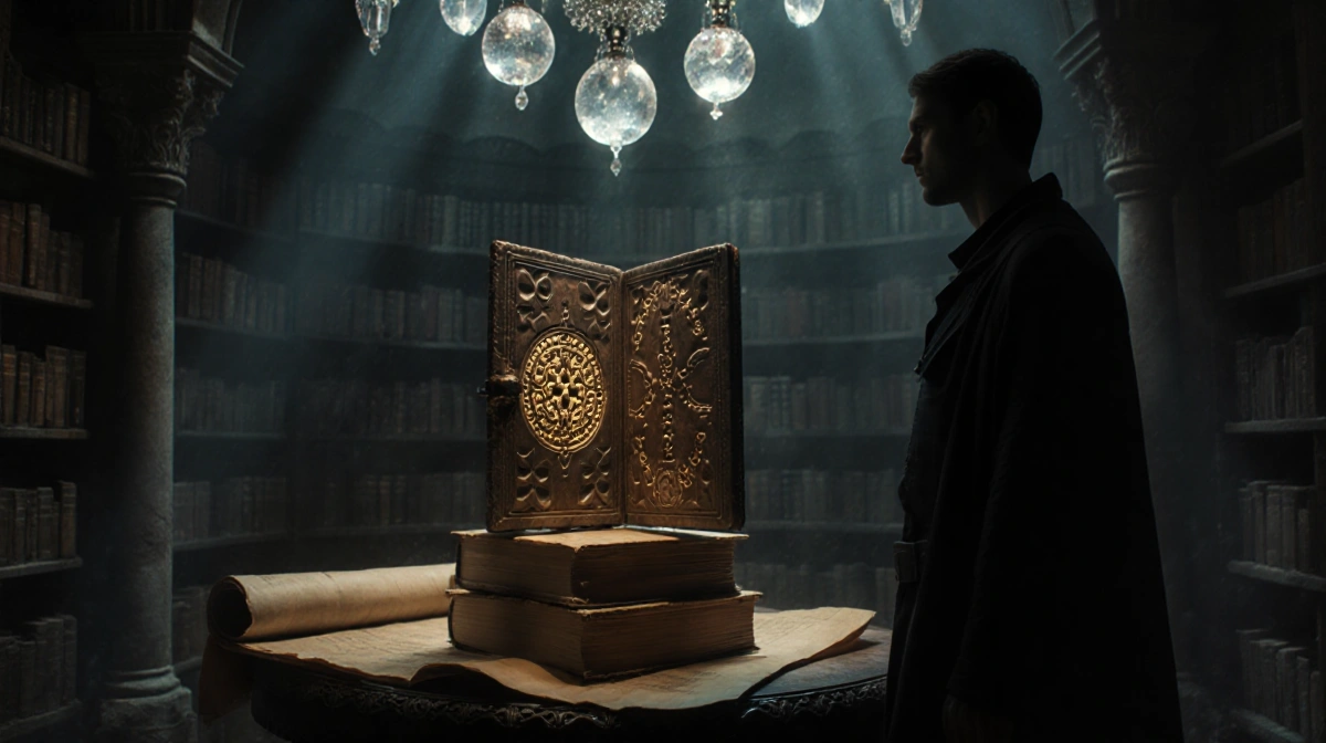 Silhouette of Matt Duffer gazes at camera with ancient tome glowing runes and crystal orbs in dusty library