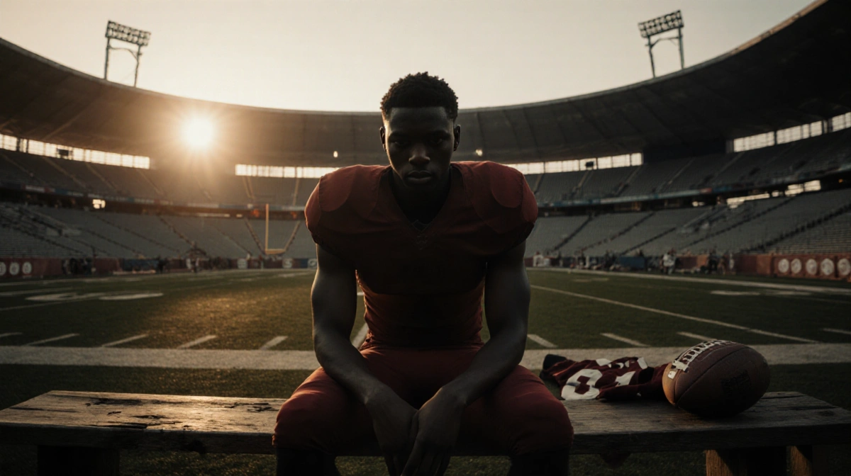 Nakobe Dean sits alone on bench with golden light on his arms and empty end zone behind