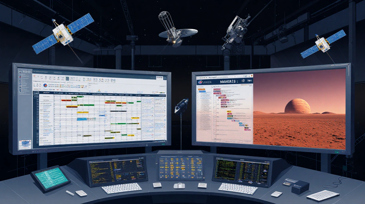 Control room operators monitor a Mars mission screen with Deep Space Network equipment and a MAVEN timeline