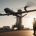 Drone hovering over launchpad scans area with rocket and NASA crew watching in golden light
