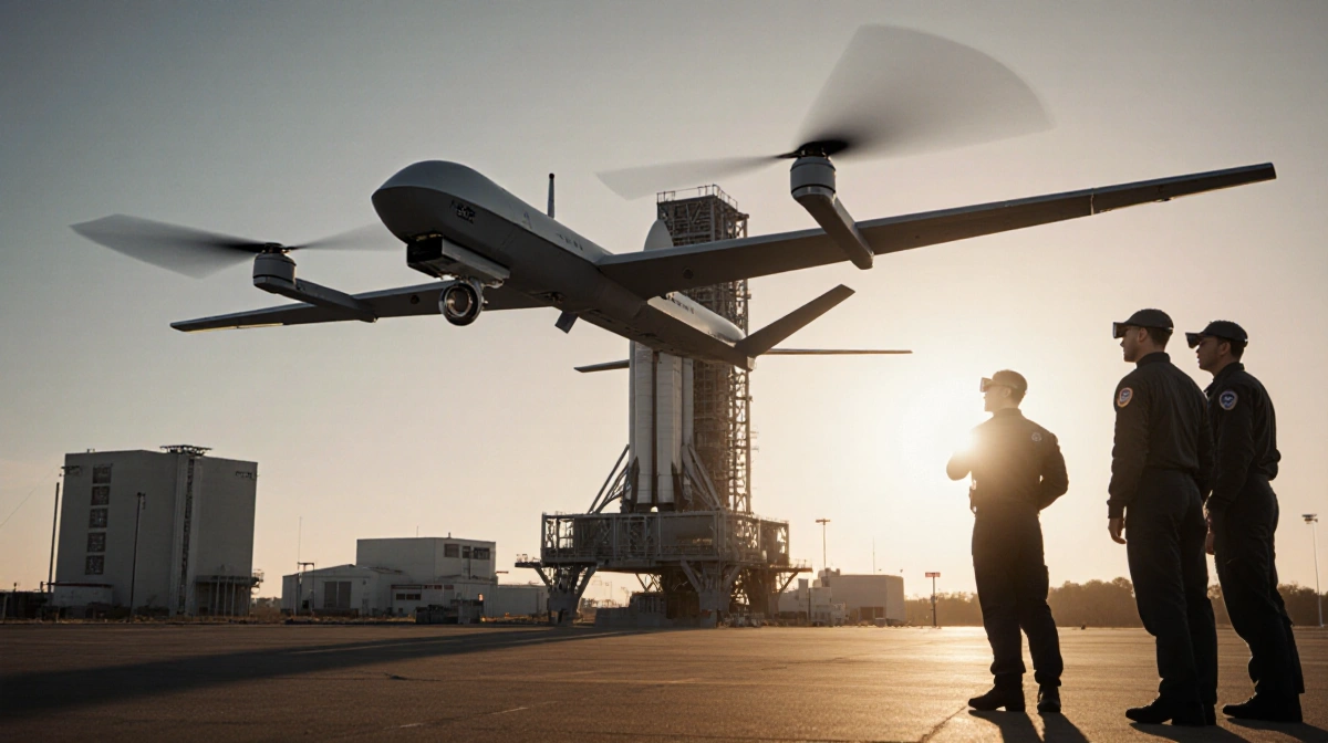 Drone hovering over launchpad scans area with rocket and NASA crew watching in golden light