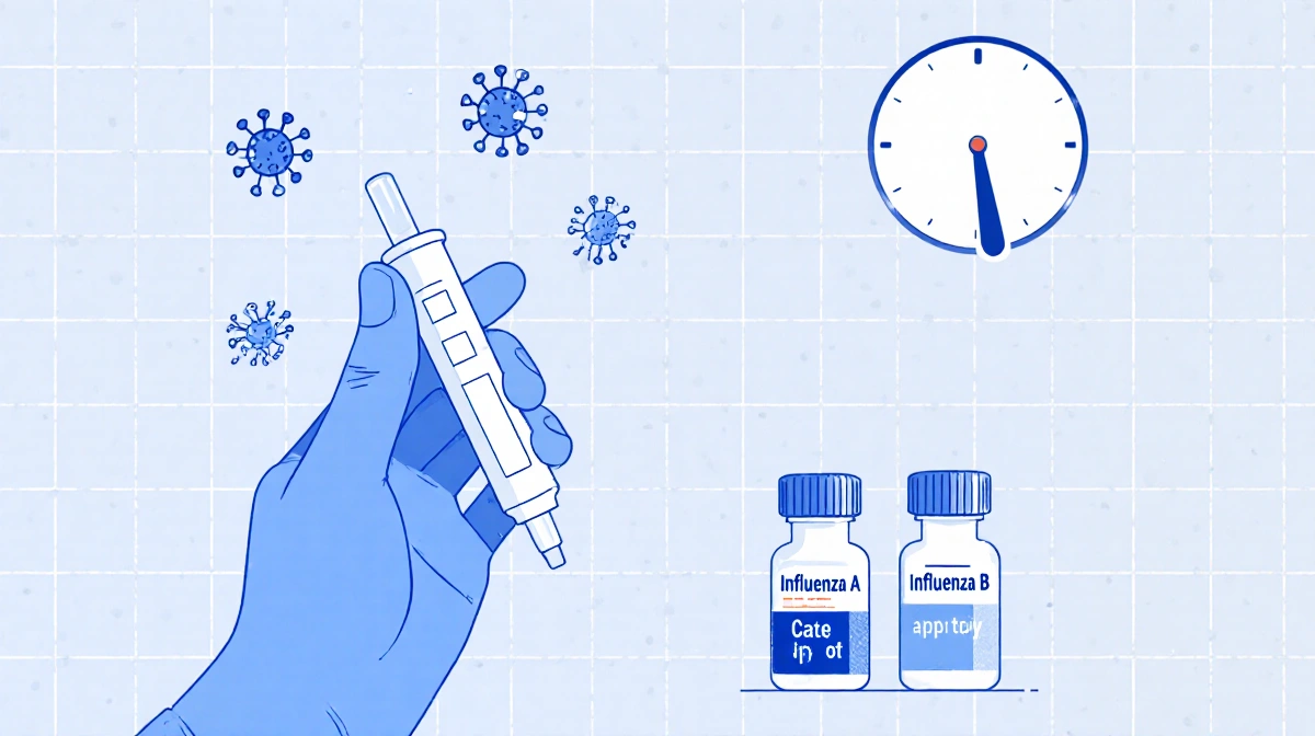 Person holding a nasal swab test tube with influenza A and B vials near a clock showing 1-2 day accuracy