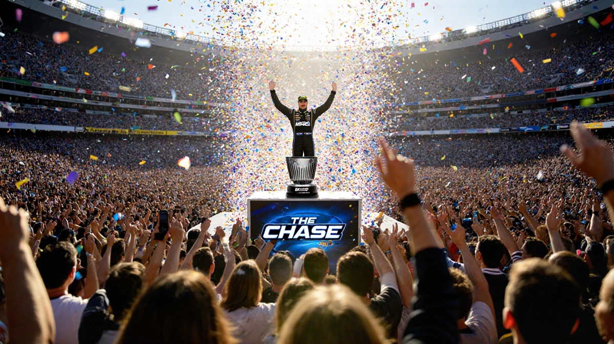 NASCAR driver celebrating victory with arms raised and confetti falling with packed stadium and championship trophy behind