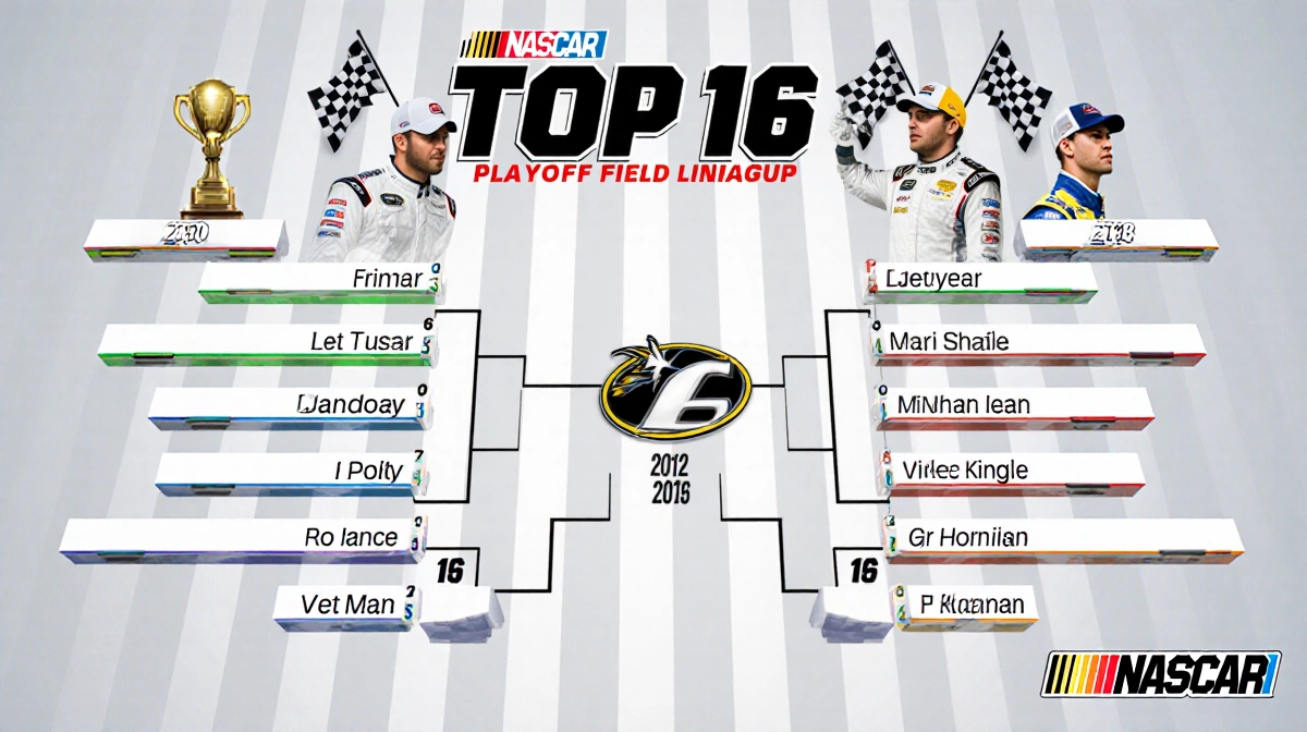 NASCAR playoff grid showing top 16 drivers ranked by points with checkered flags and trophies highlighting the standings