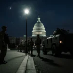 National Guard troops stand at attention with boots gleaming near the Capitol Building under moonlight
