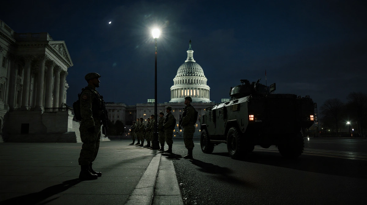 National Guard troops stand at attention with boots gleaming near the Capitol Building under moonlight
