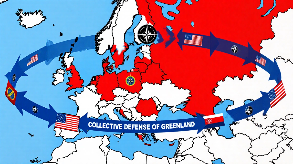 Europe map shows NATO countries in red with blue defense arrows forming protective barrier against invasion and American mili