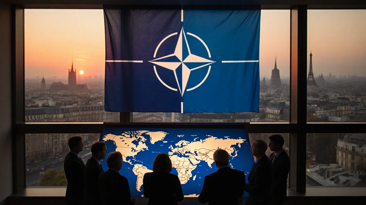 NATO flag waves above city rooftops with officials gathered around world map showing concern