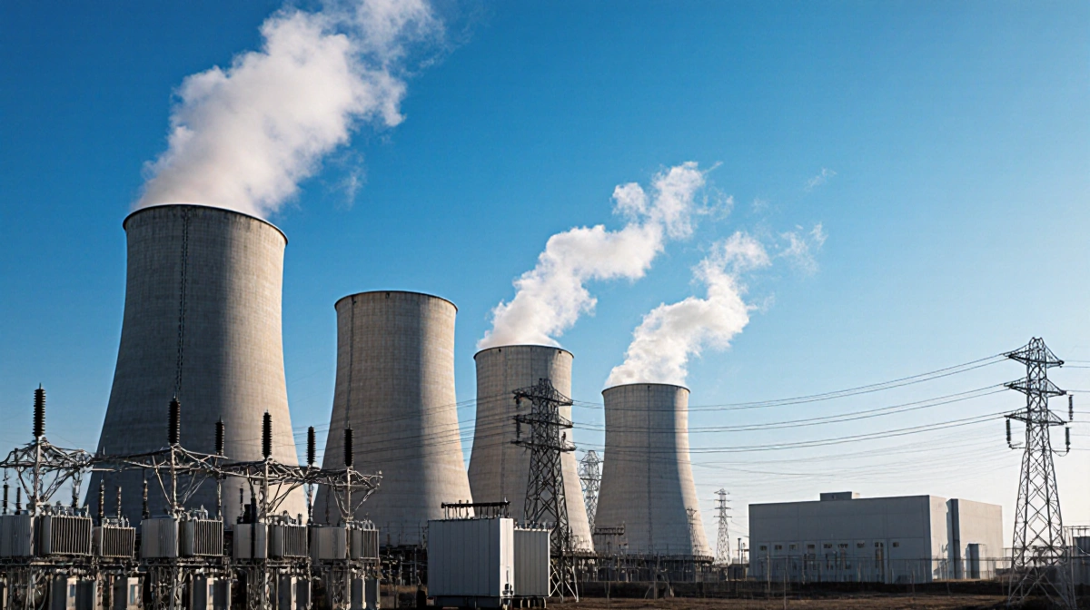 Natural gas turbines spinning with transmission lines leading to data center showing clean energy infrastructure