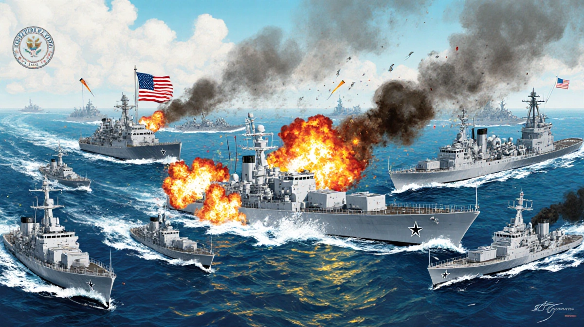 Naval vessels bombard drug boats with explosions and smoke while an American flag flutters behind