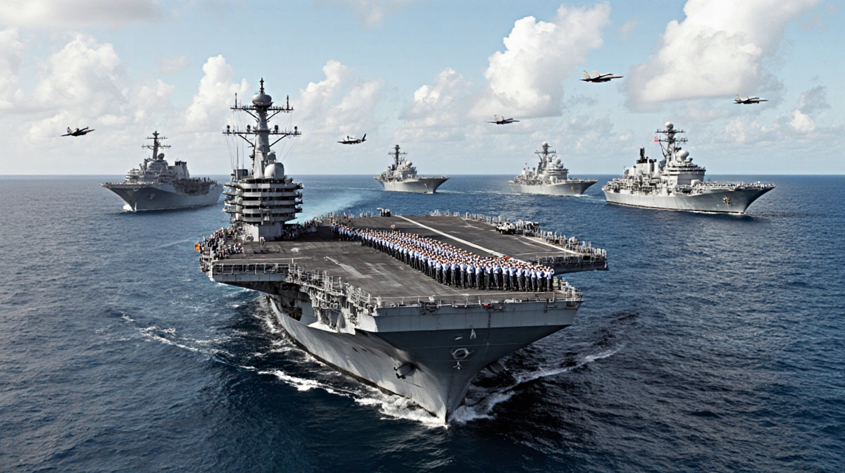 Naval fleet with destroyers disembarking 18,000 soldiers onto amphibious ship deck catapults and jets launching in background