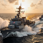 Naval vessel breaching turbulent waters with golden sunset glow and spray of foam.